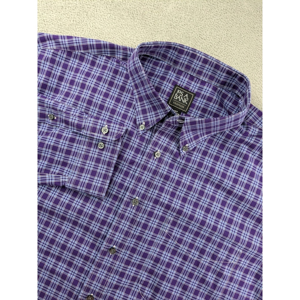 Jos. A. Bank Traveler Shirt Mens 2XLT Purple Blue Plaid Cotton Button Down Tall